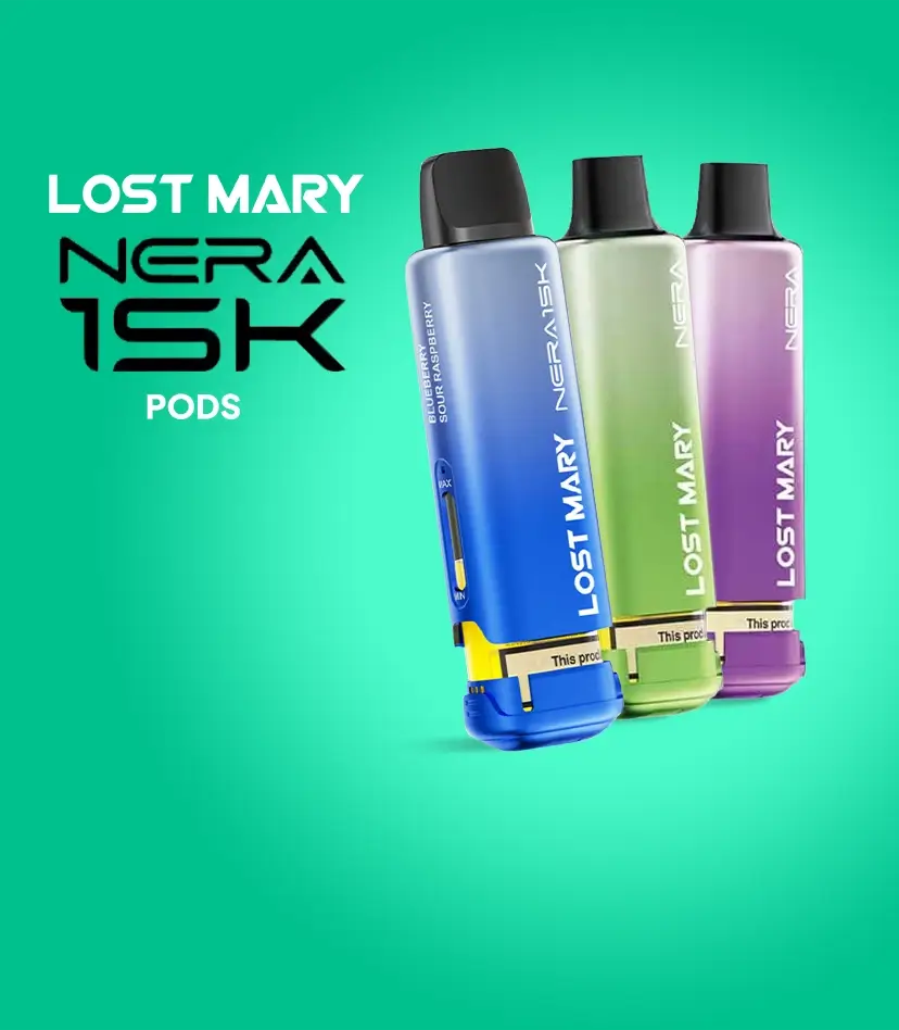3 x Lost Mary Nera 15/30k pods lined up on a green graduated background
