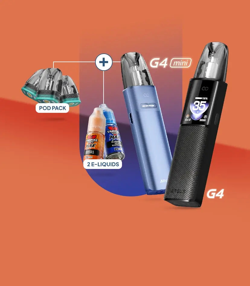 Voopoo Argus G4 or G4 Mini + 2 e-liquids + pack of pods arranged together on a peach background with blue focal centre