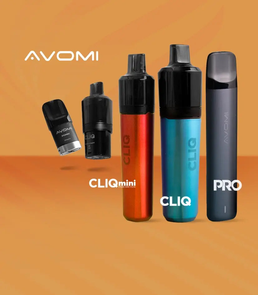 AVOMI range of products arranged on an orange graduated background floor