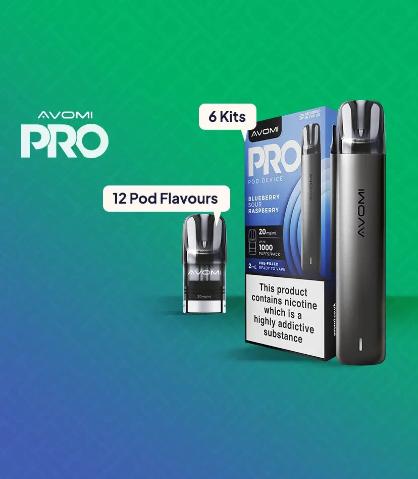 Avomi Pro pod kit (available in 6 kits) and pods (available in 12 flavours) on a blue/green gradient background