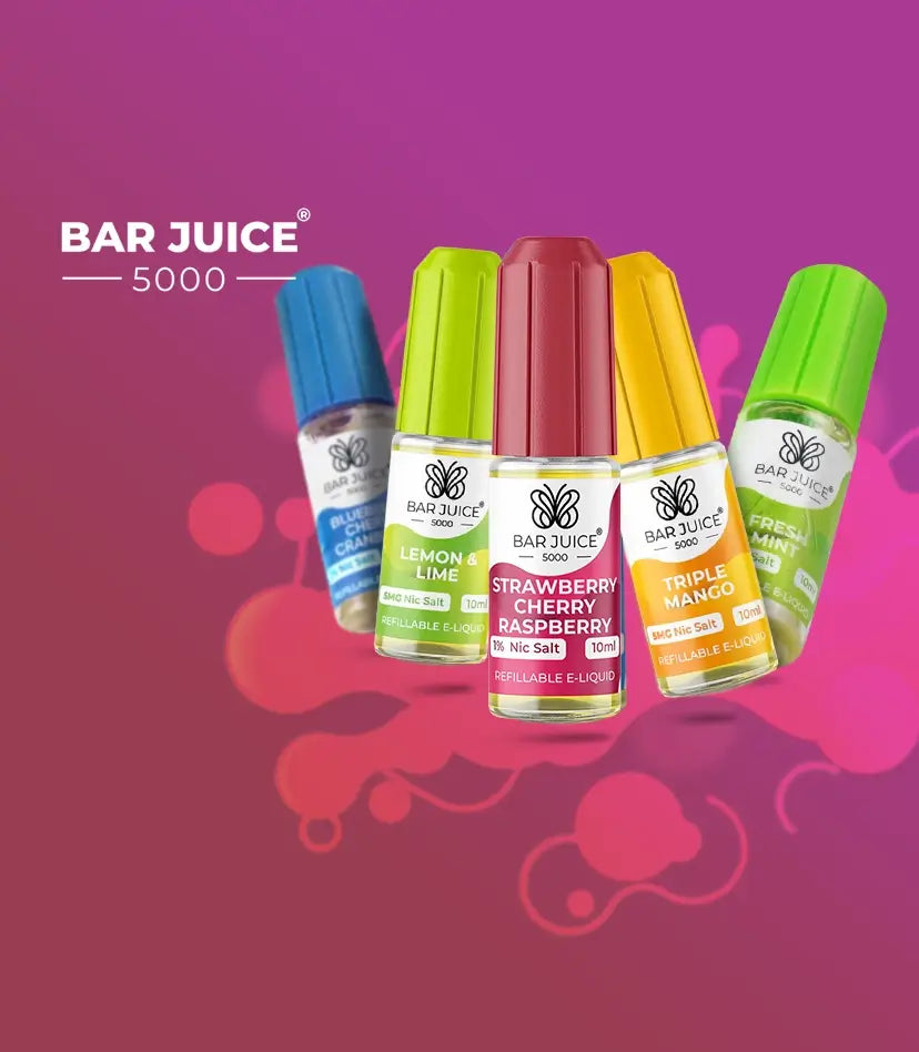 5 x Bar Juice 500 nic salts arranged on a patterned red/pink background