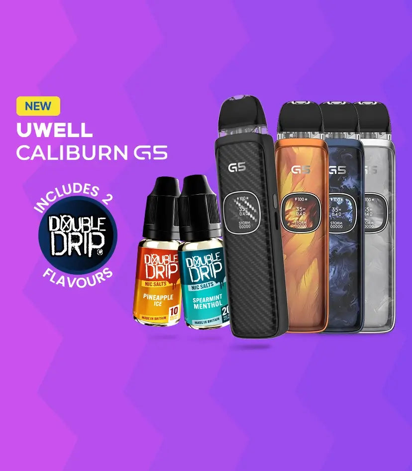 New Uwell Caliburn G5 pod kit in 6 colours on a purple graduated background