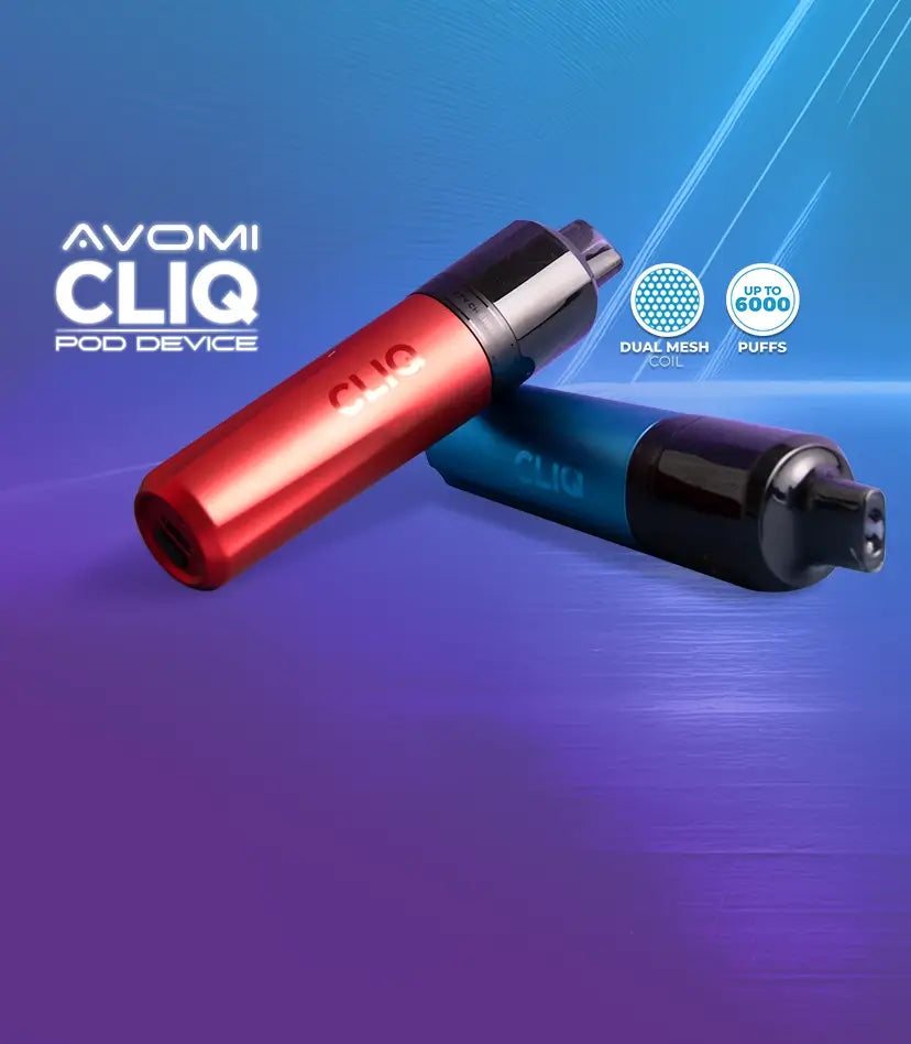 2 Avomi CLIQ pod devices lying on top of one another with dual mesh coil and up to 6000 puffs messaging on a lined blue purple background