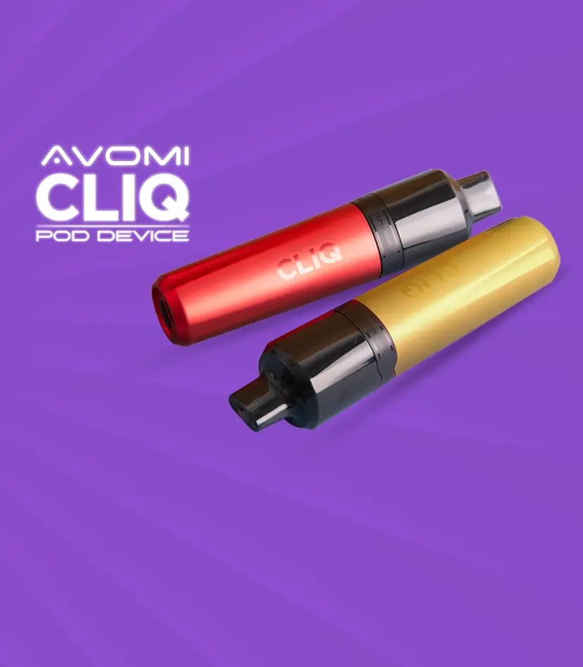 2 Avomi CLIQ pod device lying next to each other on a purple background