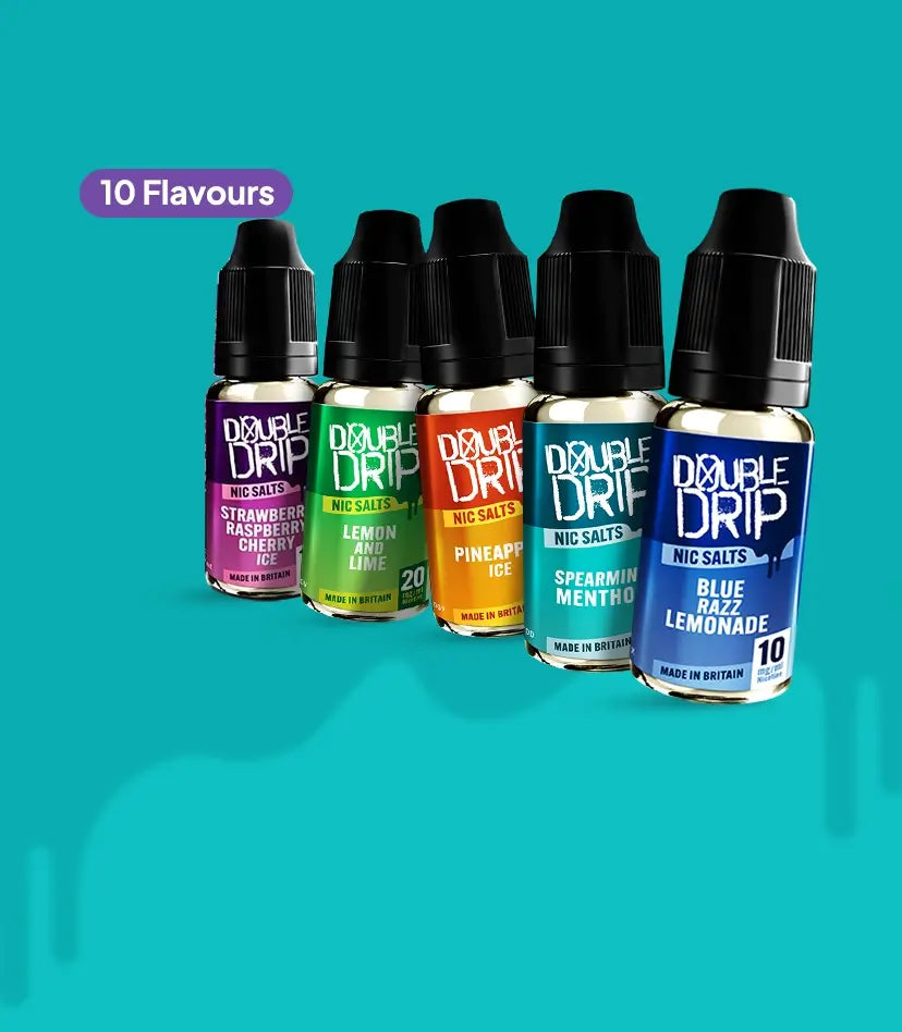 Double Drip bar salts - 10 flavours on a blue background
