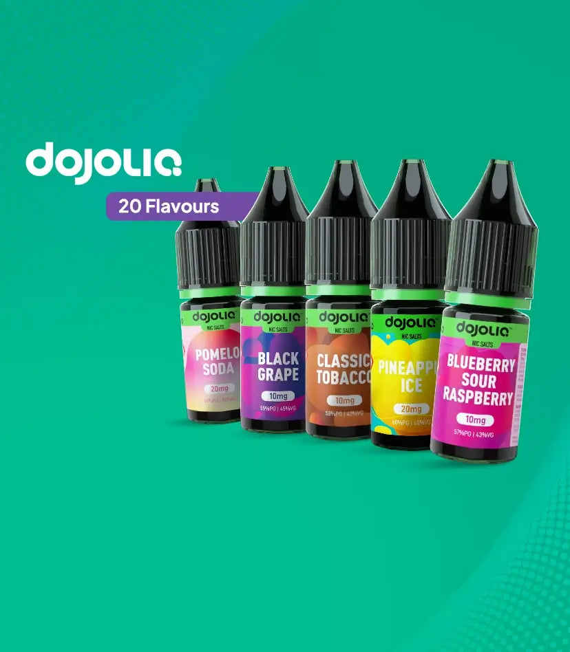 Dojoliq nic salts - 20 flavours  on a green background