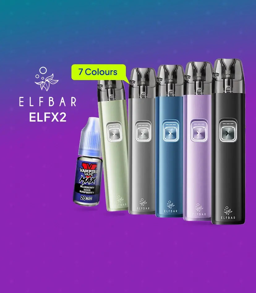 ELf Bar ELFX2 pod kit with vampire vape liquid on a purple/blue background