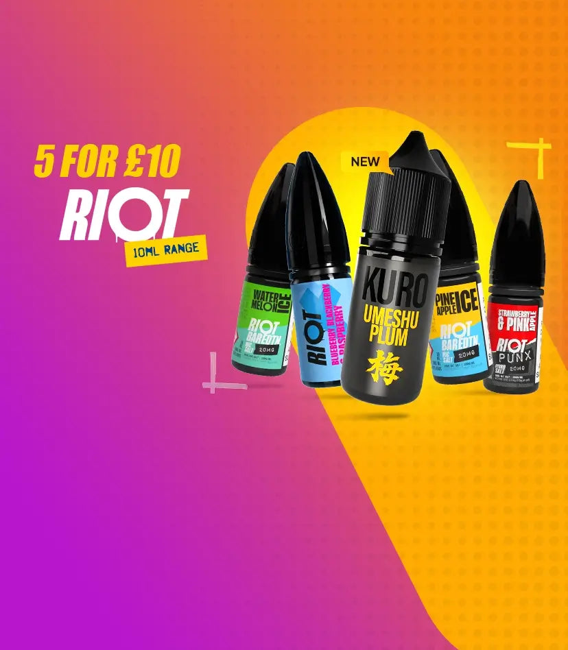 5 RIOT 10ml e-liquids arranged on a pink orange faded spotted background