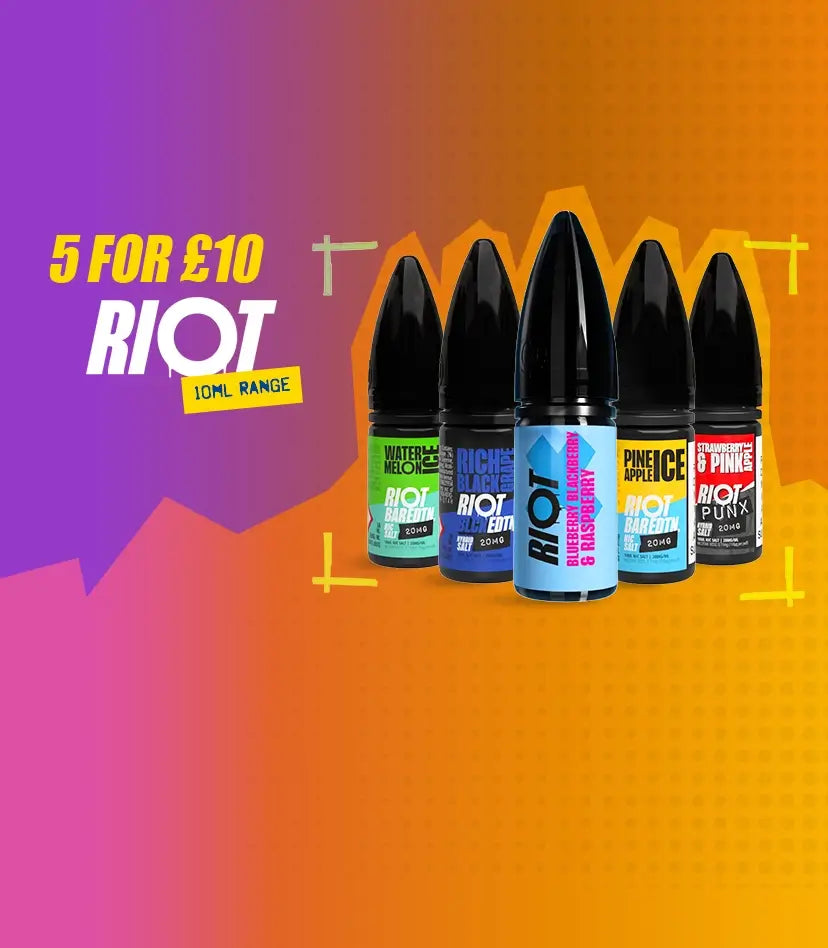 5 for £10 on RIOT 10ml range of e-liquid on a graduated purple orange RIOT themed background