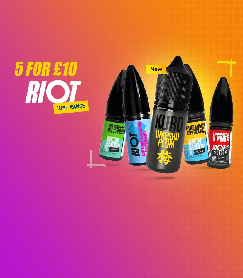 5 for £10 RIOT 10ml e-liquid range, with 5 RIOT e-liquid bottles lined up hovering over a spotted pink/orange graduated background