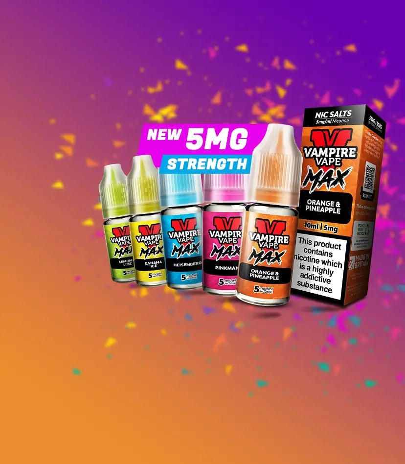 Four Vampire Vapes Max e-liquid bottles and one matching retail box on a colourful gradient background with confetti. The bottles are labeled with different flavour colours (green, blue, pink, orange), and the box is orange and black for 'Orange & Pineapple' 5ml e-liquid with 5MC strength.