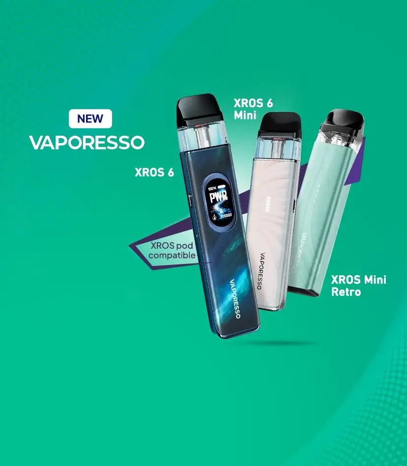 New Vaporesso XROS 6, XROS 6 Mini and XROS Mini Retro pod vape kits on a graduated green background