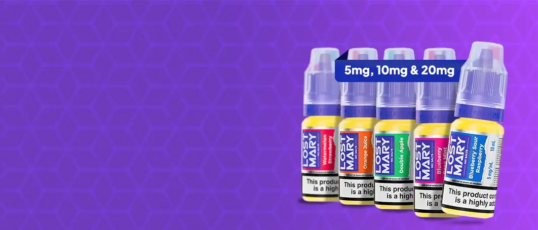 5 Lost Mary nic salts lined up together on a purple crosshatched graduated background