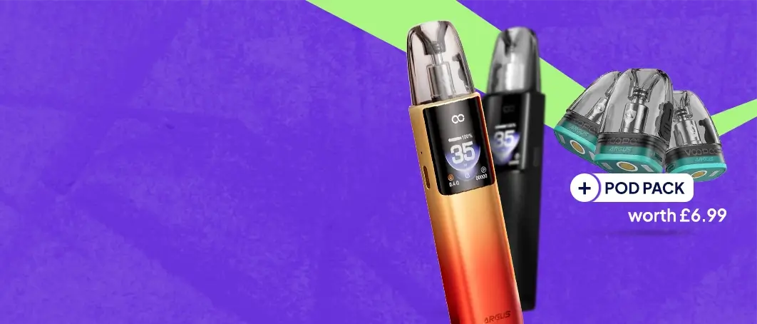 Argus G4 pod kit with pack of pods worth £6.99 lined up together on a blue purple background
