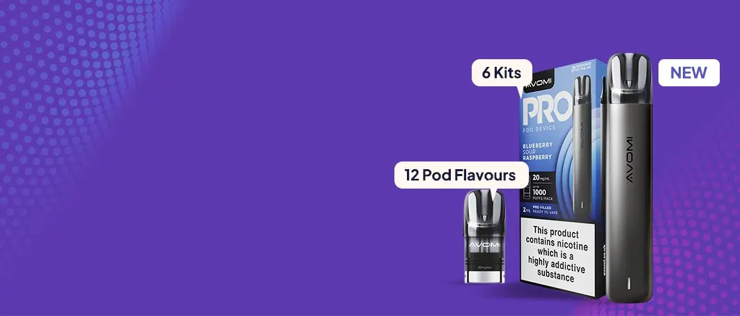 Avomi Pro pod kit and pods on a graduated purple background