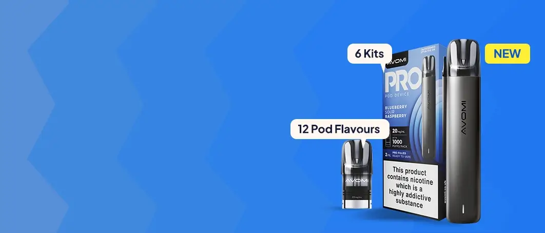 Avomi Pro pod kit and pods on a graduated blue background