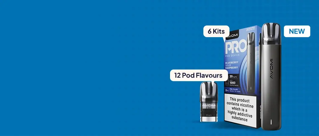 Avomi Pro pod kit and pods on a graduated blue background