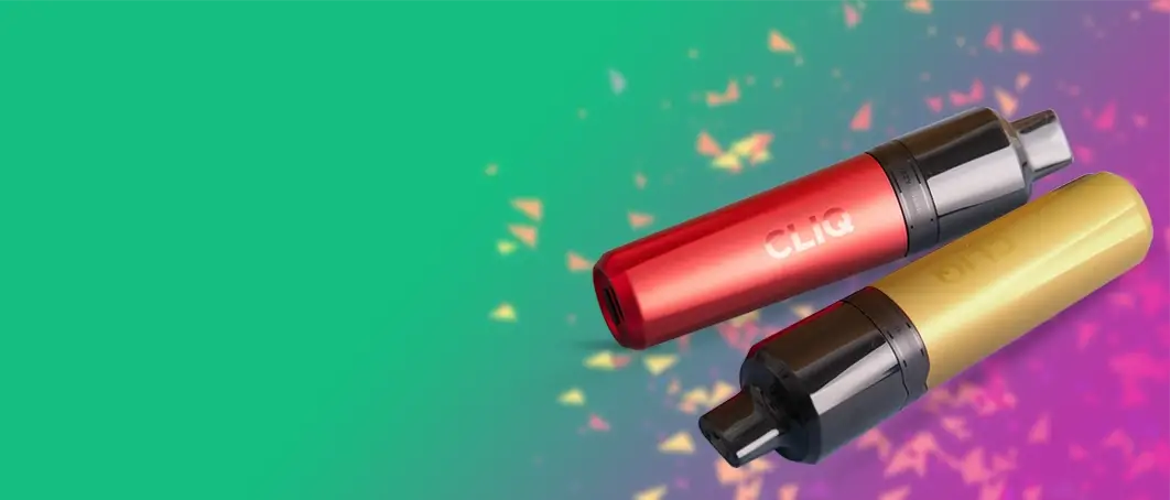 The Avomi CLIQ pod kit on a colourful gradient background with confetti. 