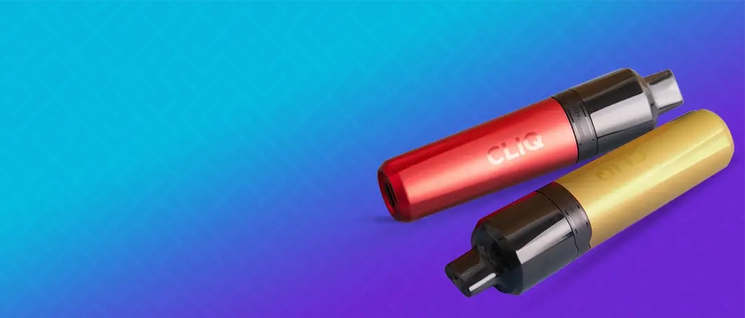 2 Avomi CLIQ pod kits lying side-by-side on a blue/purple gradient background