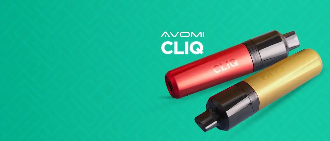 2 Avomi CLIQ pod devices lying next to one another on a green background