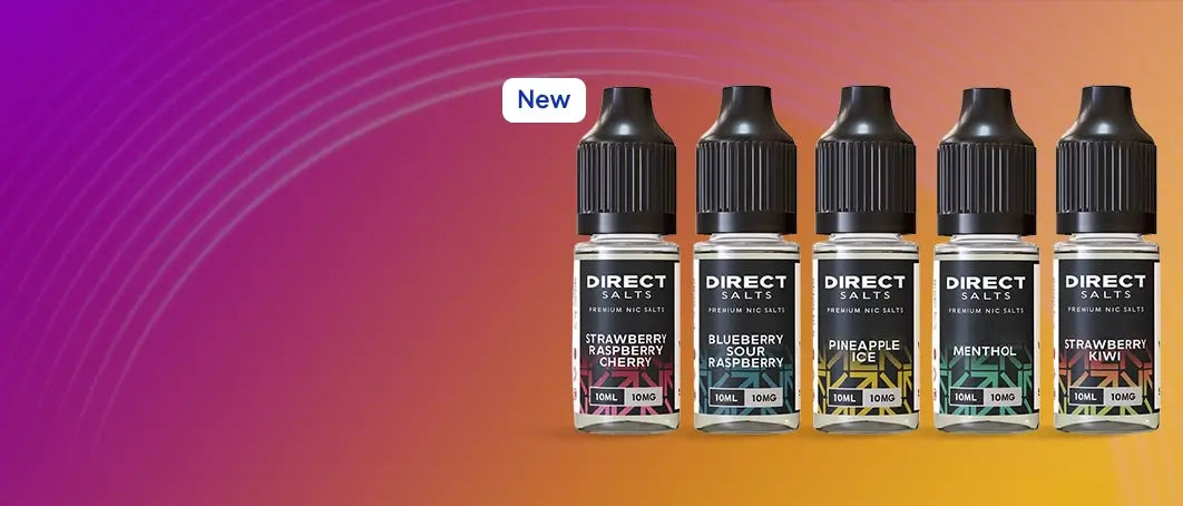 5 new Direct nic salts bottles in a row on a lined pink orange background