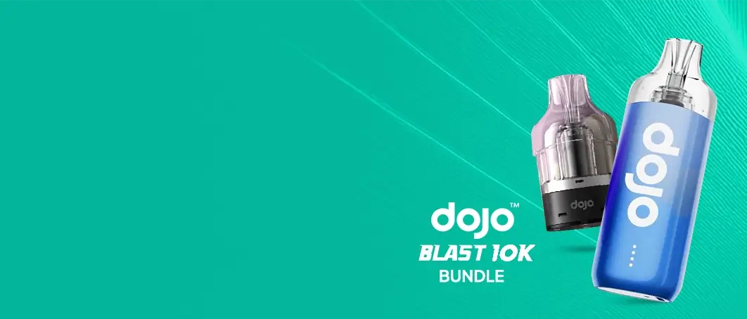 Dojo Blast 10k pod kit and pod arranged together on a lined aqua green background