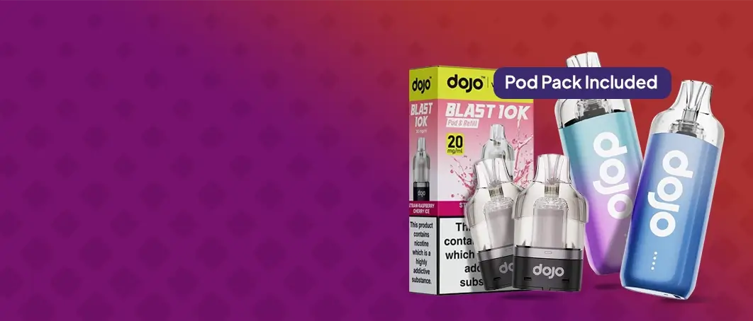 Dojo Blast 10k pod kit and pods collected together on a pink/purple background