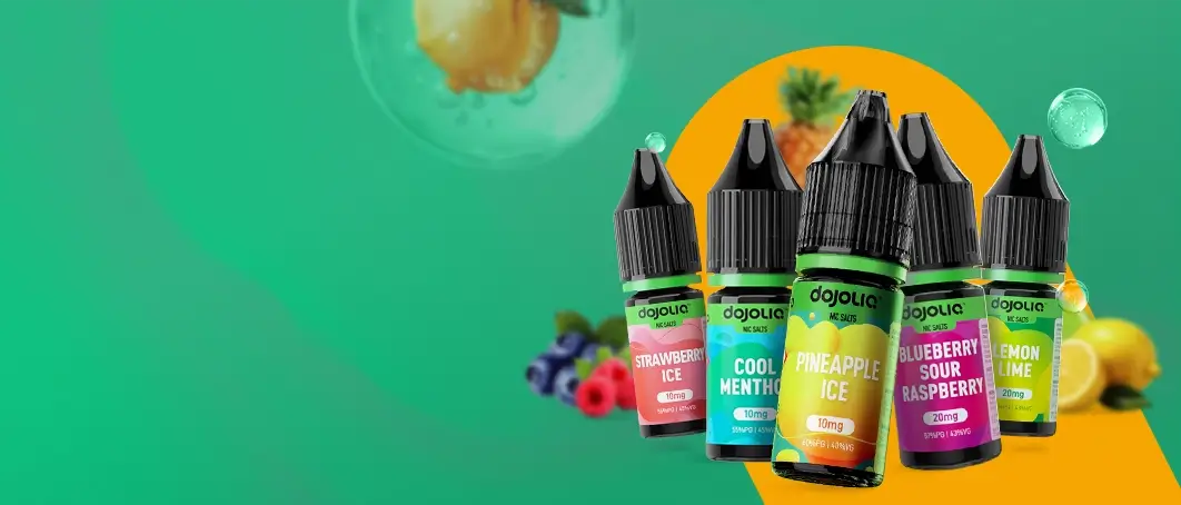 5 Dojoliq nic salts arranged with blurred out fruit and bubbles on a graduated green background with yellow strip