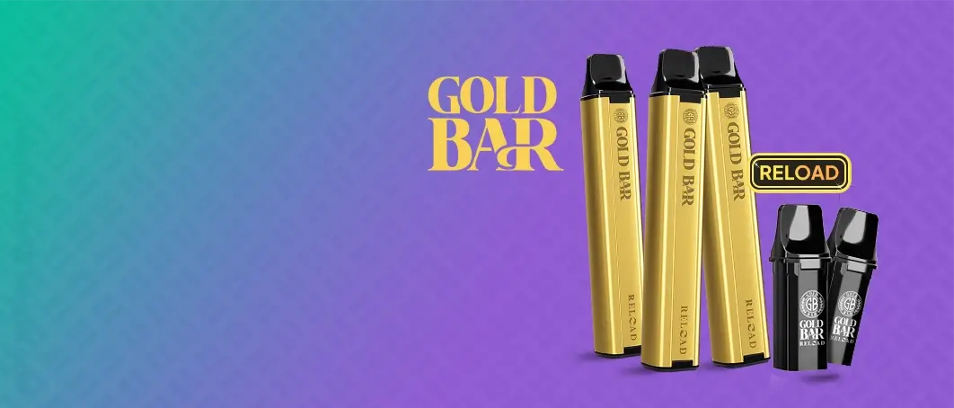 Gold Bar Reload pod kit and pods arranged on a purple blue background