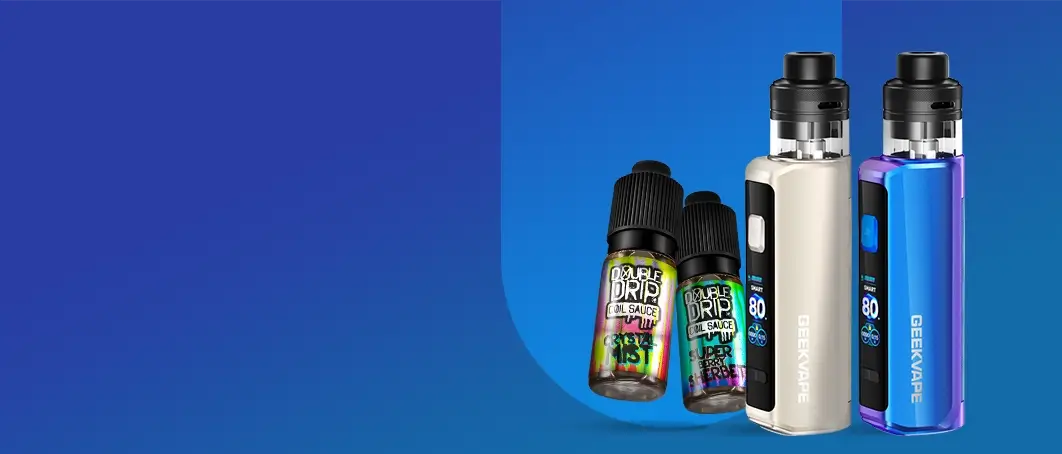 New Geekvape Aegis Force pod kit + 2 double drip e-liquids arranged on a blue graduated background