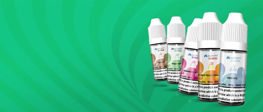 A range of Hayati nic salts arranged on a green striped graduated background