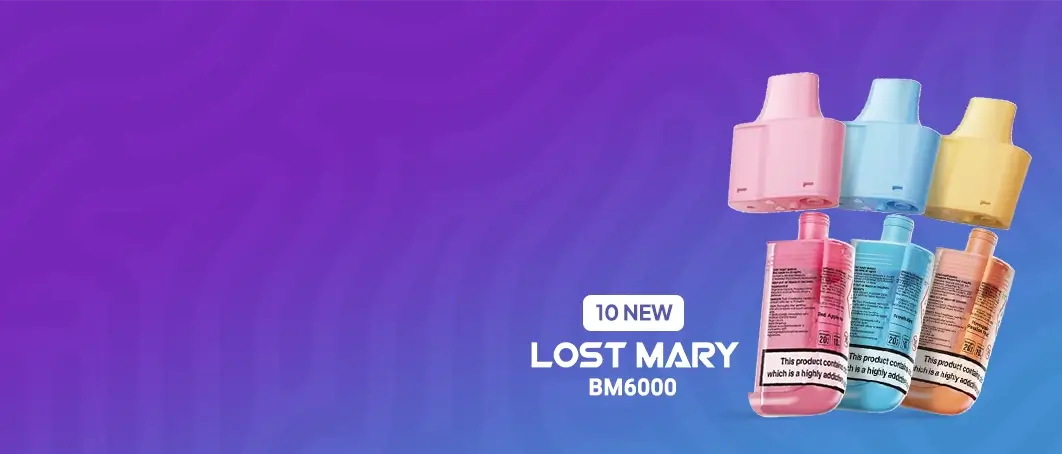 10 New Lost Mary BM6000 pods on a purple blue pattern background