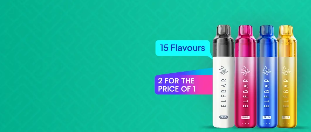 4 Elf Bar Plus 12 pod kits in 15 flavours on a green background