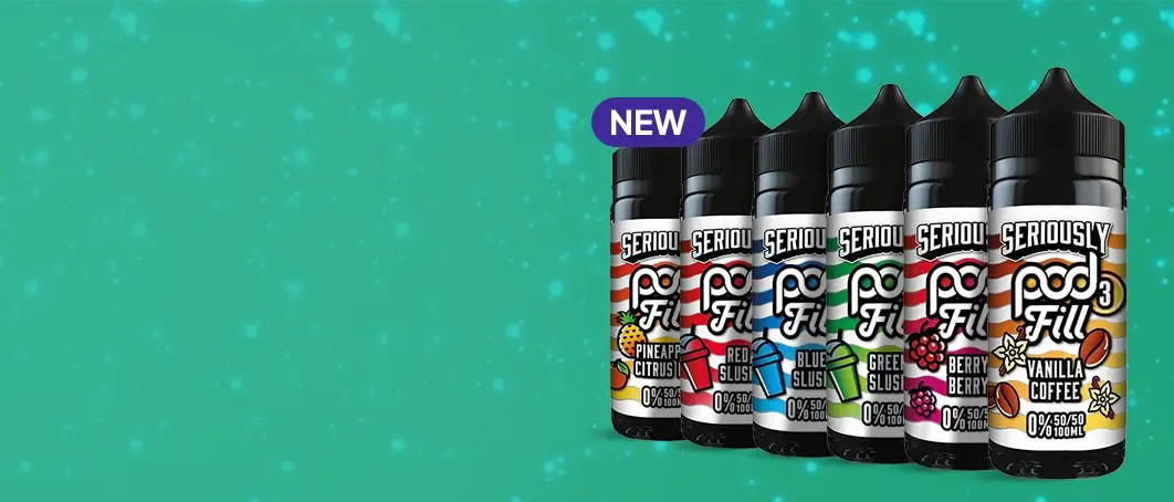 New Doozy Seriously Pod Fill 3 shortfill flavours on a snowy green background 