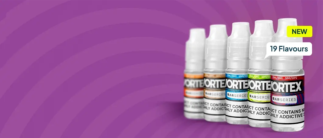 5 x Vortex bar salts, available in 19 flavours, lined up on a light purple spiral background