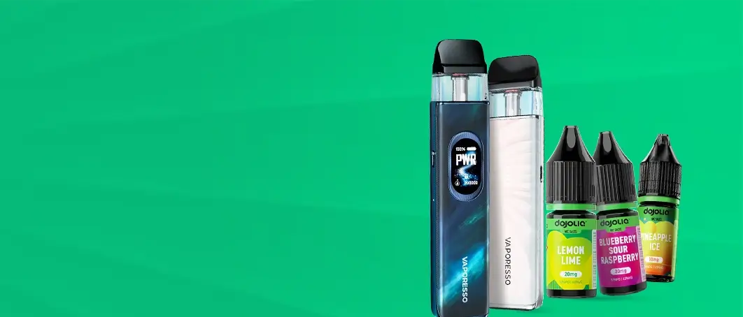 Vaporesso XROS 6 and 6 Mini with 3 DOJOliq nic salts lined up next to one another on a graduated green background