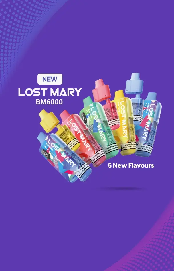 5 new Lost Mary BM6000 flavours on a graduated purple background