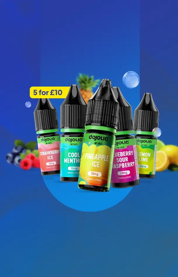 5 Dojoliq nic salt bottles arranged with blurred out fruit and bubbles on a blue graduated background