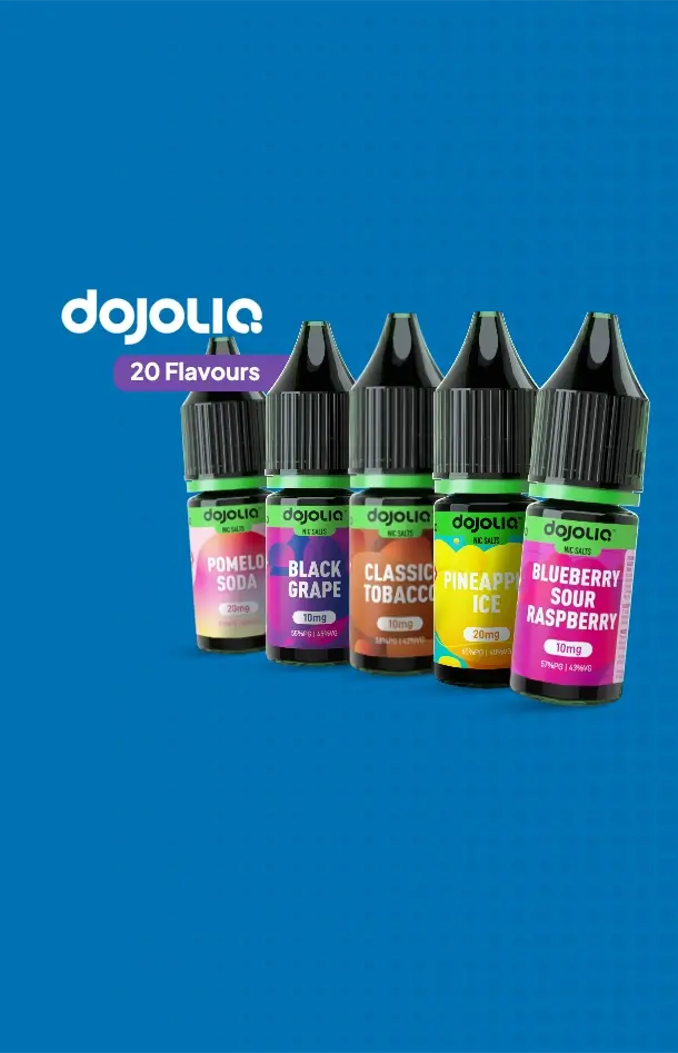 Dojoliq nic salts available in 20 flavours on a graduated blue background