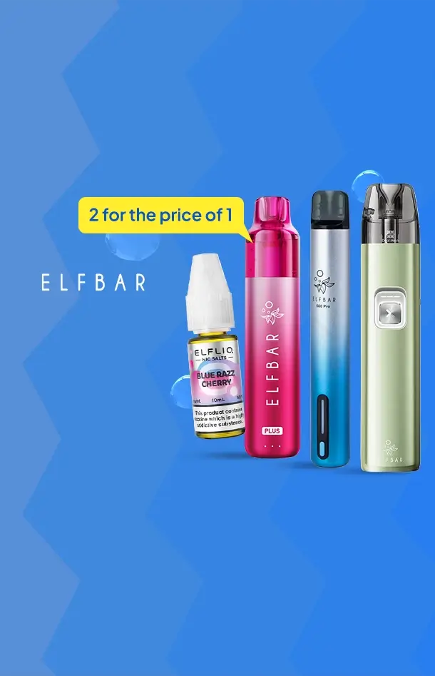 Elf Bar hardware and e-liquid range on a graduated blue background