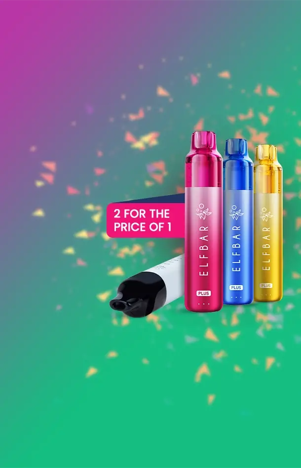 2 for 1 Elf Bar Plus 12 pod kits in a choice of 4 colours on a colourful gradient background with confetti