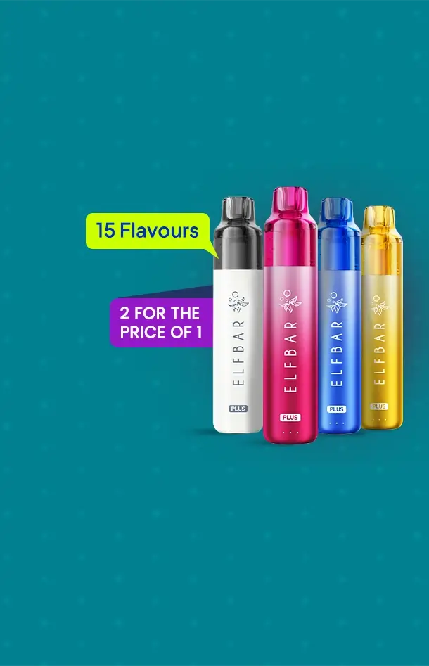 Elf Bar Plus 12 pod kits in 15 flavours - 2 for the price of 1 - on a turquoise background