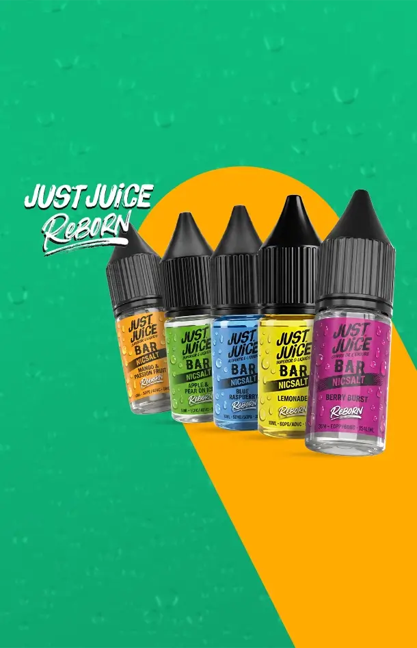 5 new Just Juice Reborn nic salts on a graduated green background with yellow strip