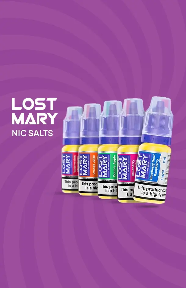 5 x Lost Mary Nic Salts lined up on a light purple spiral background