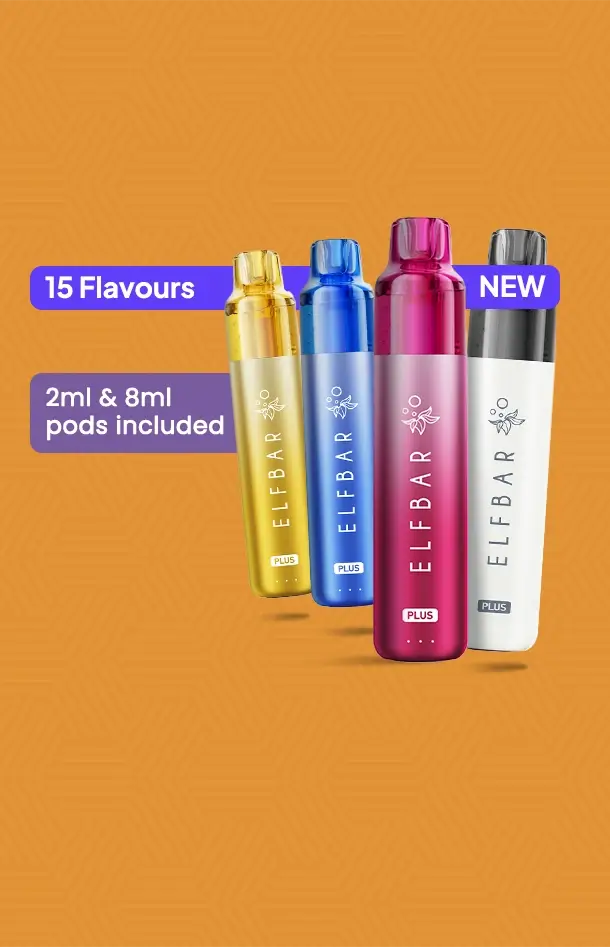 New Elf Bar Plus 12 pod kits available in 15 flavours on an orange background