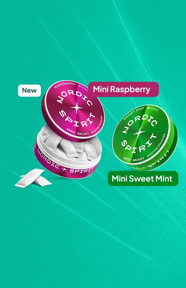 New Nordic Spirit mini nicotine pouches in 2 flavours mini raspberry and sweet mint on a lined aqua green background