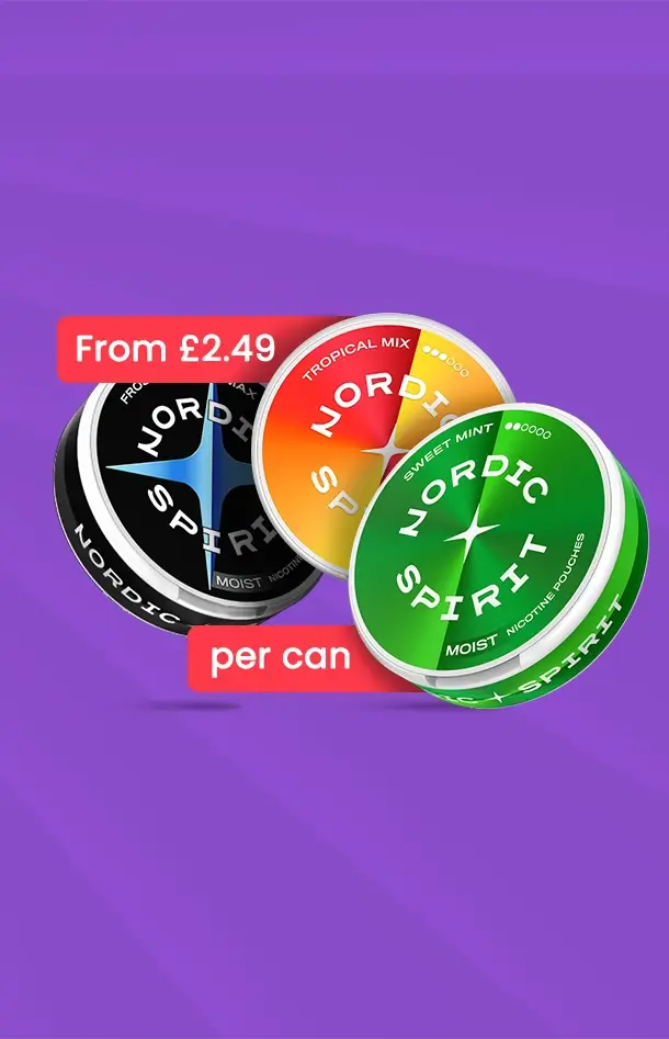 3 Nordic Spirit nicotine cans arranged together on a graduated purple background