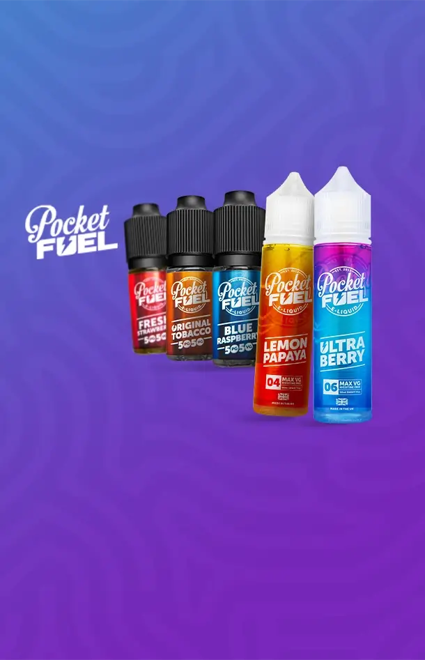 Pocket Fuel range of 10ml and 50ml e-liquids on a purple blue pattern background