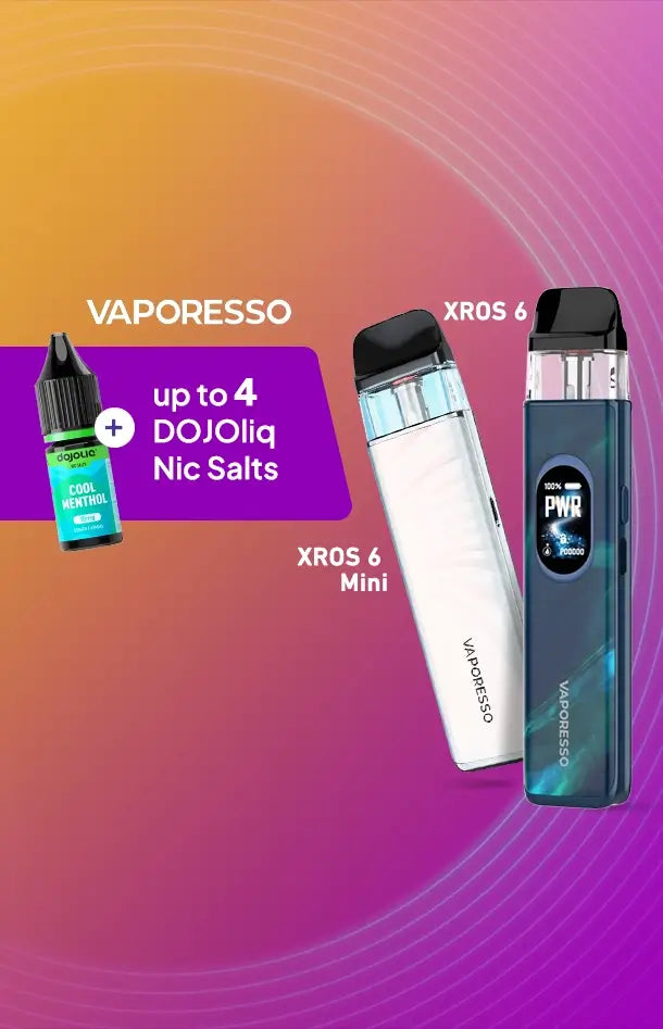 Vaporesso XROS 6 and 6 Mini pod kits with up to 4 Dojoliq nic salts message on a lined pink orange background