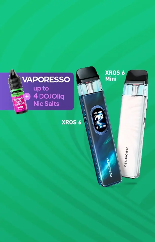 New Vaporesso Xros 6 & 6 Mini pod kits positioned next to one another with the message + up to 4 DOJOliq nic salts, on a green striped graduated background